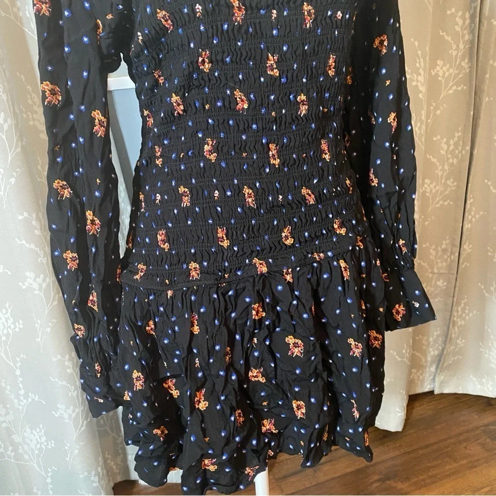 Free People Love of My Life Smocked Mini Dress • Black Floral Ditsy • Small
